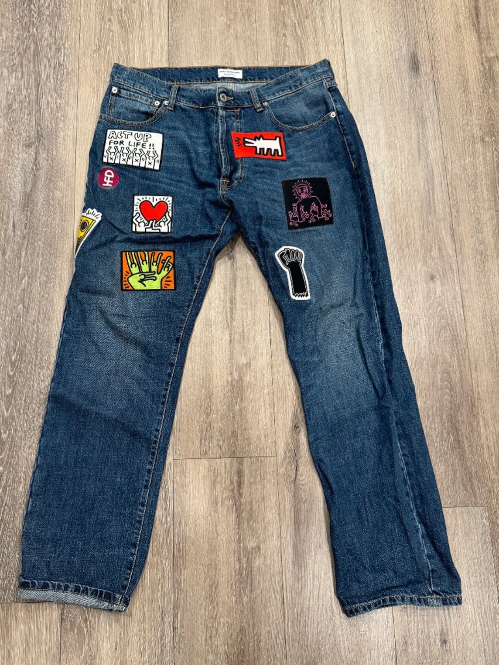 Honey Fucking Dijon x Keith Haring Patch Jeans Size XL - As New Blue Denim